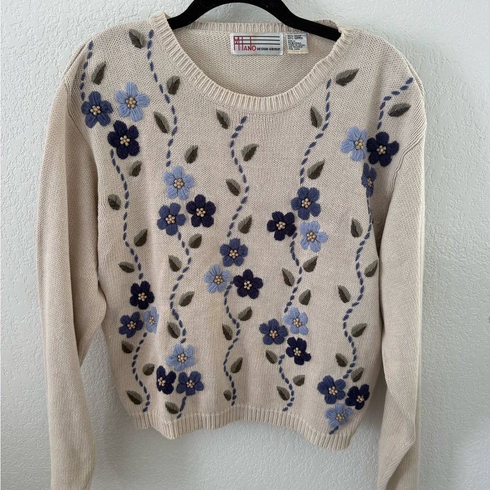 Vintage Floral Embroidered Cream Sweater - Women's